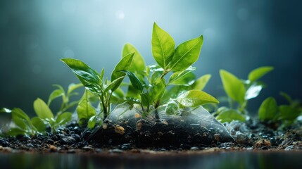 Green plants grow in a trash pollution environment background wallpaper AI generated image