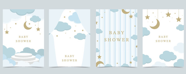 Wall Mural - Baby shower invitation card for boy with balloon, cloud,sky, blue