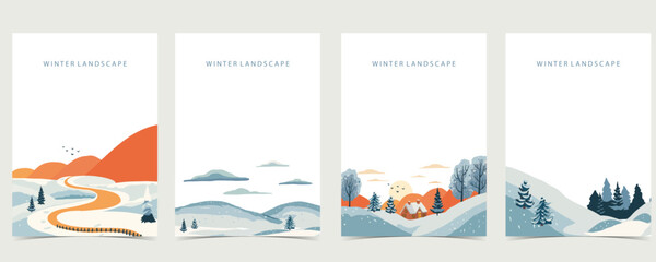 Sticker - winter landscape background with mountain,tree.Editable vector illustration for postcard,a4 vertical size