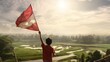 Boy carrying red flag in rice field background wallpaper AI generated image