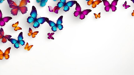 Poster - Photo of decorative butterflies pattern isolated on white background with copy space. Fresh spring summer beautiful season flat lay and top view, freedom vivid happiness concept banner : Generative AI