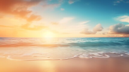 Poster - Summer holiday concept. Abstract blur beach with yellow and blue sky sunrise background : Generative AI