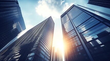 Poster - business and financial skyscraper buildings concept.Low angle view and lens flare of skyscrapers modern office building city in business center with blue sky. : Generative AI