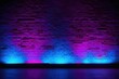 Artistic neon illumination on unrefined brick wall backdrop