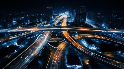 Aufkleber - Aerial angle Rush hour traffic fast moving hyper lapse at night overhead of busy intersection traffic at night moving fast light road lane effect line light cg : Generative AI