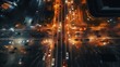 Aerial angle Rush hour traffic fast moving hyper lapse at night overhead of busy intersection traffic at night moving fast light road lane effect line light cg : Generative AI