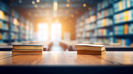 Fototapete - Abstract blurred empty college library interior space. Blurry classroom with bookshelves by defocused effect. use for background or backdrop in book shop business or education resource : Generative AI