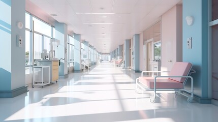 Poster - Long hospital bright corridor with rooms and seats : Generative AI