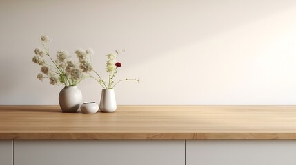 Minimal cozy counter mockup design for product presentation background or branding in Japan style with bright wood counter and warm white wall include vase plant and clock. Kitchen int : Generative AI