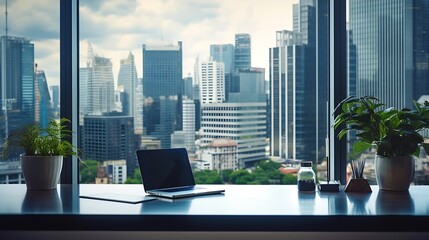 Leinwandbilder - Modern office with open space to work thought the window and background city. : Generative AI