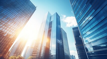 Poster - business and financial skyscraper buildings concept.Low angle view and lens flare of skyscrapers modern office building city in business center with blue sky. : Generative AI