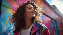 Portrait Of Young European Fashionable Female Model, Shot From The Side, Smiling, Looking To The Side, Vibrant Urban Graffiti Wall Background