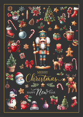 Wall Mural - Watercolor Christmas greeting illustration with nutcracker. Big Christmas collection in Scandinavian style with traditional Christmas and New Year elements.