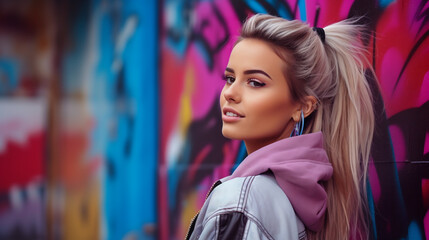 Wall Mural - Portrait of young european fashionable female model, shot from the side, smiling, looking to the side, vibrant urban graffiti wall background