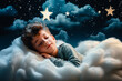 Petit garçon dormant profondément avec un ciel étoilé et une couverture douce