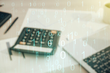 Poster - Abstract virtual binary code hologram on blurry calculator and computer background, AI and machine learning concept. Multiexposure