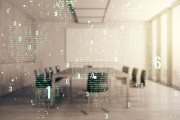 Poster - Double exposure of abstract creative programming illustration and world map on a modern boardroom background, big data and blockchain concept