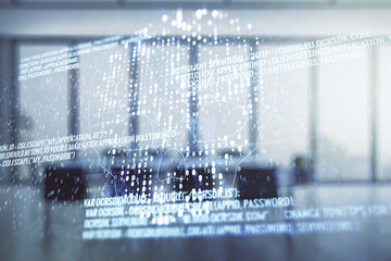 Poster - Abstract virtual code skull illustration on a modern conference room background. Hacking and phishing concept. Multiexposure
