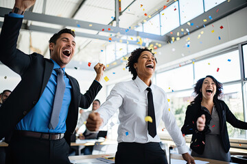 A diverse group of professionals in a business setting, celebrating success, and exhibiting teamwork and collaboration.