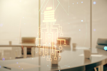 Aufkleber - Virtual creative light bulb with chip hologram on a modern boardroom background, artificial Intelligence and neural networks concept. Multiexposure