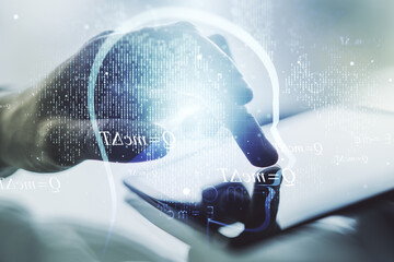 Poster - Creative artificial Intelligence concept with human head hologram and finger clicks on a digital tablet on background. Multiexposure