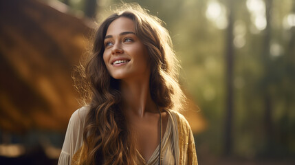 Poster - Portrait of young european fashionable female model, shot from the side, smiling, looking to the side, vibrant mystical forest scene background