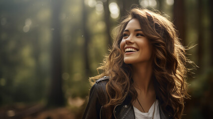 Poster - Portrait of young european fashionable female model, shot from the side, smiling, looking to the side, vibrant mystical forest scene background