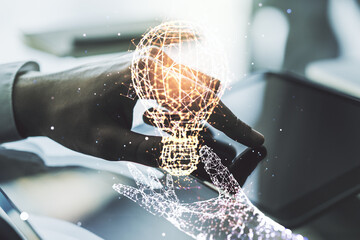 Poster - Creative light bulb illustration with finger presses on a digital tablet on background, future technology concept. Multiexposure