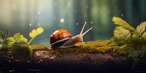 Snail crawling along a tree trunk in the forest.