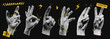 Trendy halftone hands collage set witn doodle elements. Barcode, warning tape and sticker. Black contemporary grunge background.