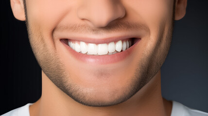 Young caucasian man with beautiful smile on grey background. Teeth whitening.
