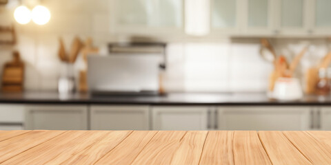 Wooden table on blurred kitchen bench background.