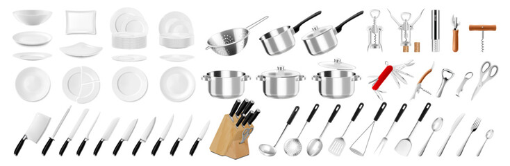 Kitchenware and tableware, Kitchen utensils, tools, equipment and cutlery for cooking. Plates, pots, pans, ladle, skimmer, forks, spoons. Corkscrews, colander, knives saucepans. Realistic 3d vector