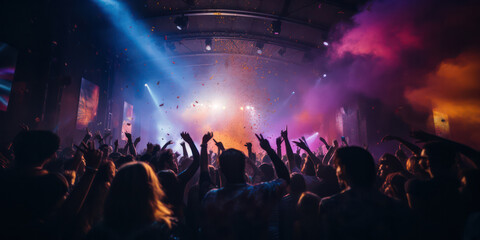 Club Party People Groove on the Dance Floor - Bathed in Vibrant Rays of Colorful Light.