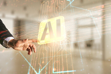 Aufkleber - Double exposure of man hand presses on creative artificial Intelligence icon on blurred office background. Neural networks and machine learning concept