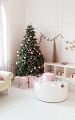 Wall Mural - christmas home interior. white room with a large decorated christmas tree, gift boxes. holiday decor