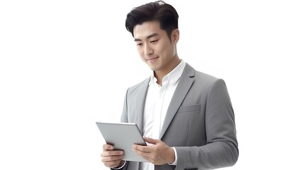 Wall Mural - Handsome korean entrepreneur with digital tablet while contemplating on white background. generative AI