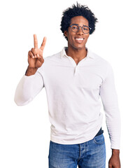 Poster - Handsome african american man with afro hair wearing casual clothes and glasses smiling looking to the camera showing fingers doing victory sign. number two.