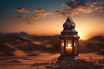 Wall Mural - Ornamental arabic lantern with burning candle glowing . Festive greeting card, invitation for muslim.