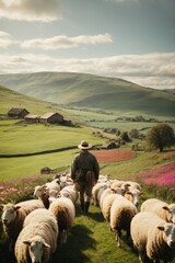 Poster - Shepherd sheep on the pasture in spring, summer against the background of beautiful nature, mountains, sky.