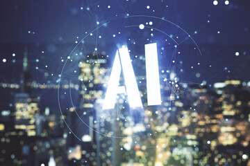 Poster - Abstract virtual artificial Intelligence symbol hologram on blurry skyline background. Multiexposure