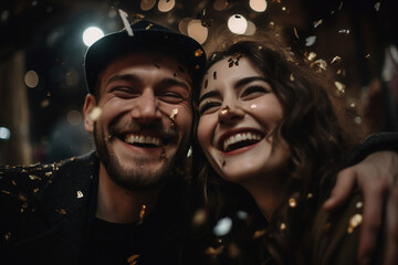 Young excited couple celebrating new year christmas night Generative AI portrait