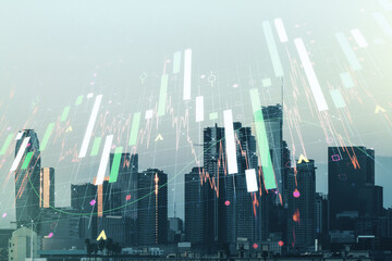 Poster - Multi exposure of virtual abstract financial graph interface on Los Angeles cityscape background, financial and trading concept