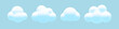 Cartoon 3d fluffy clouds set. Vector soft white cloud on blue background. 3d Render bubble shape round geometric cumulus illustration for design, game, weather app.
