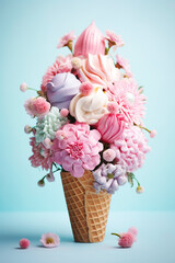 Wall Mural - Colorful and creative flower and ice-cream bouquet with a waffle cone. A festive and girly celebration of summer.