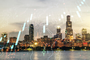 Poster - Multi exposure of virtual abstract financial chart hologram and world map on Chicago skyscrapers background, research and analytics concept