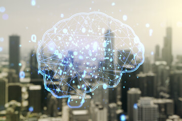 Poster - Virtual creative artificial Intelligence hologram with human brain sketch on blurry skyscrapers background. Double exposure