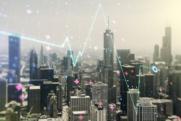 Poster - Abstract virtual heart rate sketch on Chicago office buildings background, Medicine and healthcare concept. Multiexposure
