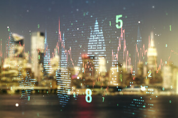 Poster - Multi exposure of virtual creative financial chart hologram on blurry cityscape background, research and analytics concept