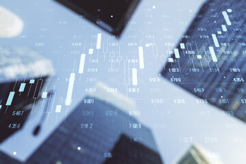 Poster - Multi exposure of abstract statistics data hologram interface on blurry cityscape background, computing and analytics concept